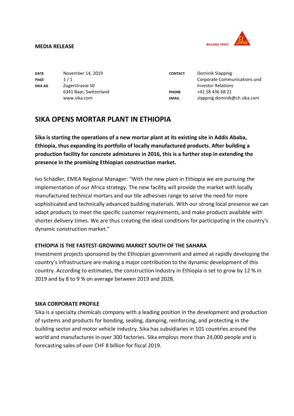 Sika Opens Mortar Plant in Ethiopia - November 2019
